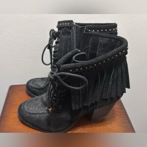 Chic Black Lace-Up Fringe Boots